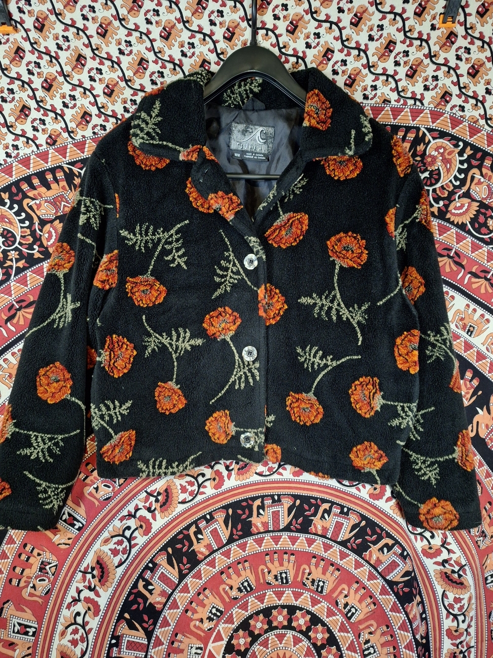 Vintage Tsunami Black Floral Cropped Collared Fleece Button-Up Jacket